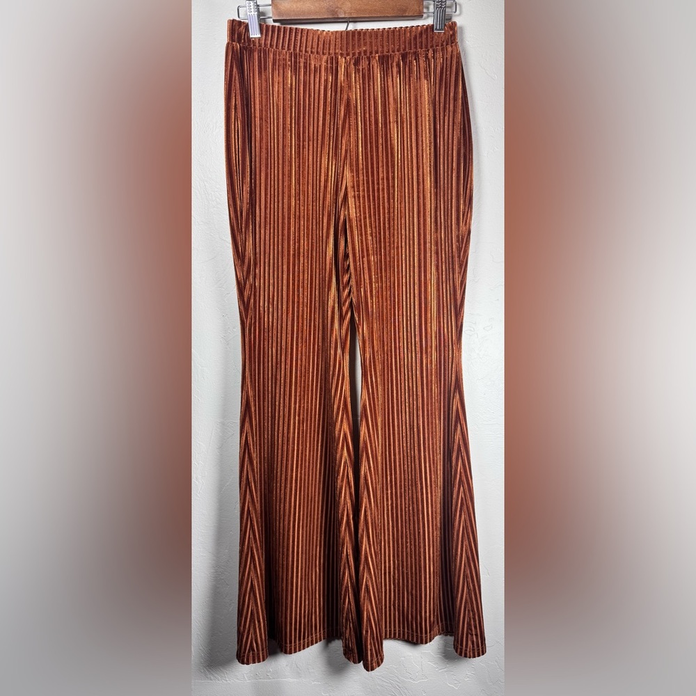 SHEIN Rust Copper Velvet Ribbed Flare Pants Boho Size Medium‎